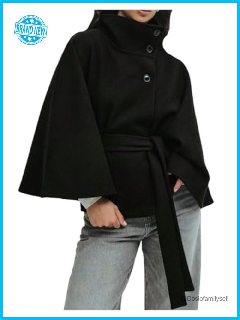 Dolman Sleeve Belted Poncho Cape Pea Coat Open Front Fall Winter